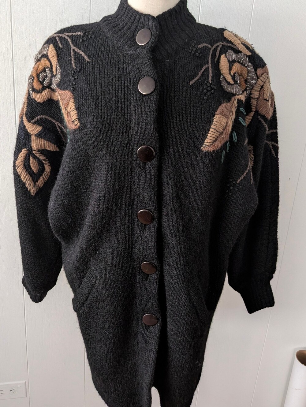 Vtg 80s Oversized Mohair Blend Cardigan Embroidered Floral Shoulder Lined Coat